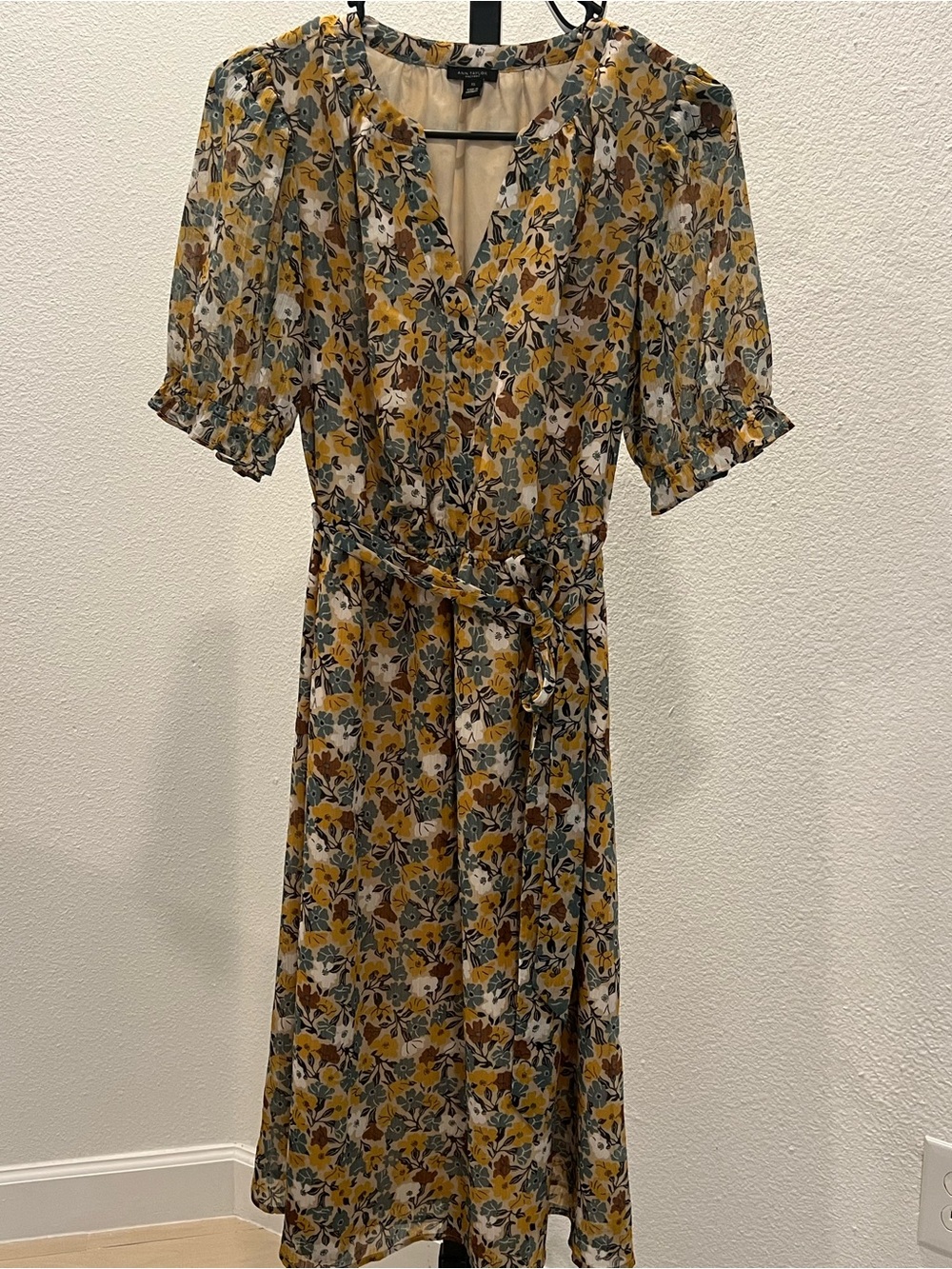 Ann Taylor Factory Yellow Floral Midi Wrap Dress with Green and Cream Accents